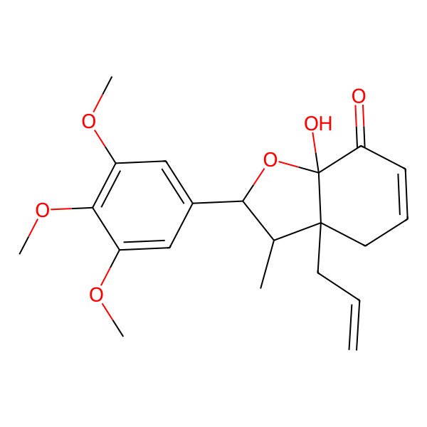 2D Structure of (2R,3S,3aR,7aS)-7a-hydroxy-3-methyl-3a-prop-2-enyl-2-(3,4,5-trimethoxyphenyl)-3,4-dihydro-2H-1-benzofuran-7-one 2D Structure of (2R,3S,3aR,7aS)-7a-hydroxy-3-methyl-3a-prop-2-enyl-2-(3,4,5-trimethoxyphenyl)-3,4-dihydro-2H-1-benzofuran-7-one