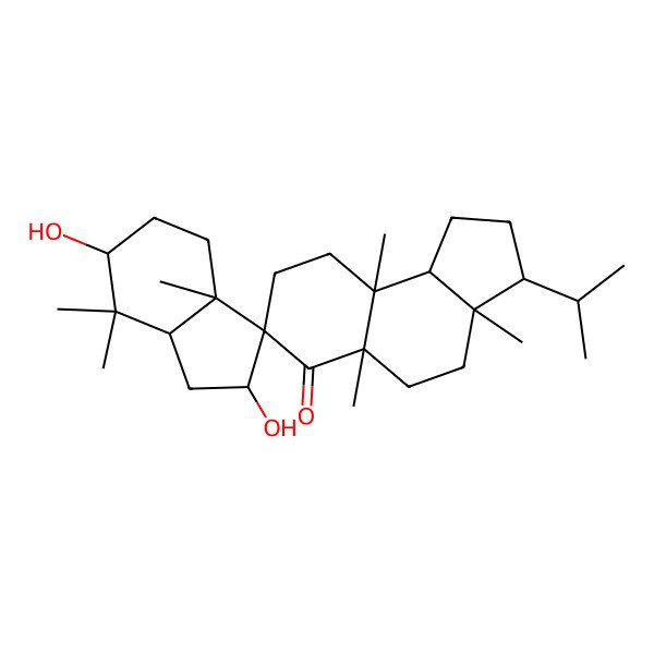 2D Structure of 2',6'-Dihydroxy-3a,3'a,5a,7',7',9a-hexamethyl-3-propan-2-ylspiro[1,2,3,4,5,8,9,9b-octahydrocyclopenta[a]naphthalene-7,3'-1,2,4,5,6,7a-hexahydroindene]-6-one