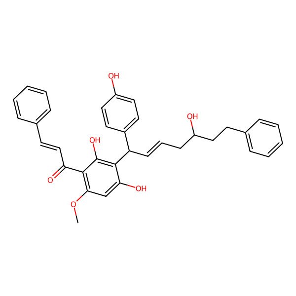 2D Structure of 1-[2,4-Dihydroxy-3-[5-hydroxy-1-(4-hydroxyphenyl)-7-phenylhept-2-enyl]-6-methoxyphenyl]-3-phenylprop-2-en-1-one