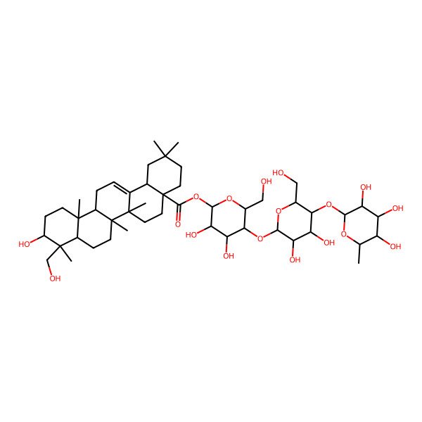 2D Structure of [(2S,3R,4R,5S,6R)-5-[(2S,3R,4R,5S,6R)-3,4-dihydroxy-6-(hydroxymethyl)-5-[(2S,3R,4R,5R,6S)-3,4,5-trihydroxy-6-methyloxan-2-yl]oxyoxan-2-yl]oxy-3,4-dihydroxy-6-(hydroxymethyl)oxan-2-yl] (4aS,6aS,6aR,6bR,8aR,9R,10S,12aR,14bS)-10-hydroxy-9-(hydroxymethyl)-2,2,6a,6b,9,12a-hexamethyl-1,3,4,5,6,6a,7,8,8a,10,11,12,13,14b-tetradecahydropicene-4a-carboxylate