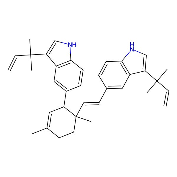 2D Structure of 5-[(E)-2-[(1R,2R)-1,4-dimethyl-2-[3-(2-methylbut-3-en-2-yl)-1H-indol-5-yl]cyclohex-3-en-1-yl]ethenyl]-3-(2-methylbut-3-en-2-yl)-1H-indole