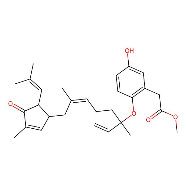 2D Structure of methyl 2-[2-[(6E)-3,7-dimethyl-8-[(1R,5R)-3-methyl-5-(2-methylprop-1-enyl)-4-oxocyclopent-2-en-1-yl]octa-1,6-dien-3-yl]oxy-5-hydroxyphenyl]acetate