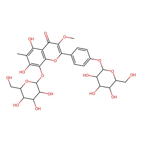 2D Structure of 5,7-dihydroxy-3-methoxy-6-methyl-8-[(2S,3R,4S,5S,6R)-3,4,5-trihydroxy-6-(hydroxymethyl)oxan-2-yl]oxy-2-[4-[(2S,3R,4S,5S,6R)-3,4,5-trihydroxy-6-(hydroxymethyl)oxan-2-yl]oxyphenyl]chromen-4-one