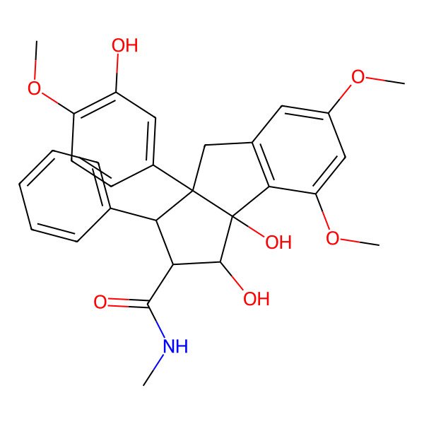 2D Structure of (1R,2R,3S,3aS,8bS)-1,8b-dihydroxy-3a-(3-hydroxy-4-methoxyphenyl)-6,8-dimethoxy-N-methyl-3-phenyl-1,2,3,4-tetrahydrocyclopenta[a]indene-2-carboxamide