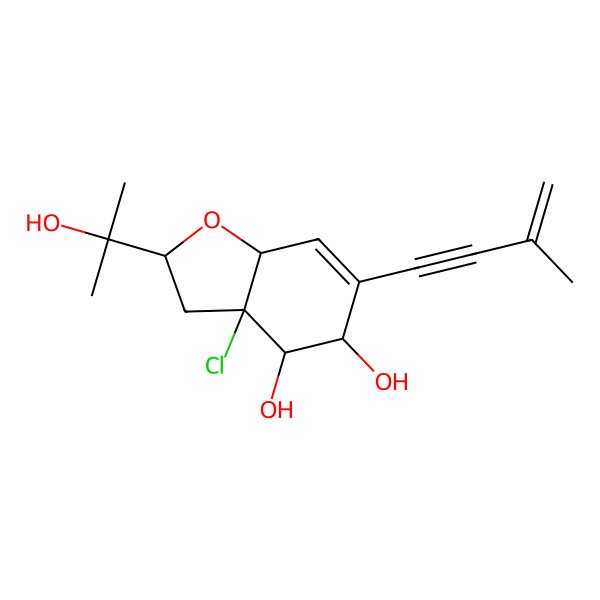 2D Structure of 3a-chloro-2-(2-hydroxypropan-2-yl)-6-(3-methylbut-3-en-1-ynyl)-3,4,5,7a-tetrahydro-2H-1-benzofuran-4,5-diol