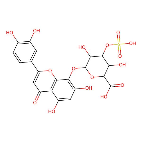 2D Structure of 6-[2-(3,4-Dihydroxyphenyl)-5,7-dihydroxy-4-oxochromen-8-yl]oxy-3,5-dihydroxy-4-sulfooxyoxane-2-carboxylic acid
