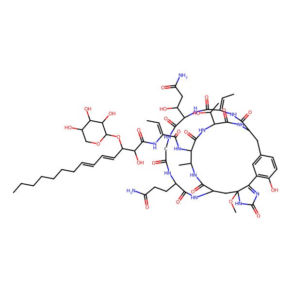 2D Structure of (2S,3R,4E,6E)-N-[(E)-1-[[(1S,4R,10R,13E,16S,27R,31S,32S,35R)-10-[(1S)-3-amino-1-hydroxy-3-oxopropyl]-4-(3-amino-3-oxopropyl)-13-ethylidene-21-hydroxy-35-[(1R)-1-hydroxyethyl]-27-methoxy-31-methyl-3,6,9,12,15,25,29,33,36-nonaoxo-2,5,8,11,14,24,26,30,34,37-decazatetracyclo[14.12.9.118,22.023,27]octatriaconta-18(38),19,21,23-tetraen-32-yl]amino]-1-oxobut-2-en-2-yl]-2-hydroxy-3-[(2R,3S,4S,5R)-3,4,5-trihydroxyoxan-2-yl]oxytetradeca-4,6-dienamide
