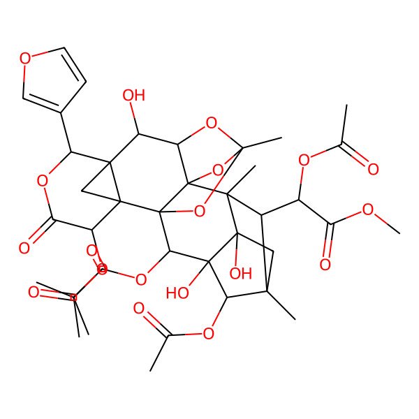 2D Structure of [(1R,2S,3R,6S,7S,8R,9R,11R,13R,14R,15R,17R,18S,19S,20R,22S)-3,18-diacetyloxy-22-[(1R)-1-acetyloxy-2-methoxy-2-oxoethyl]-6-(furan-3-yl)-8,15,19-trihydroxy-11,14,17-trimethyl-4-oxo-5,10,12,21-tetraoxaoctacyclo[9.9.1.12,7.114,17.01,13.02,7.09,13.015,19]tricosan-20-yl] 2-methylpropanoate