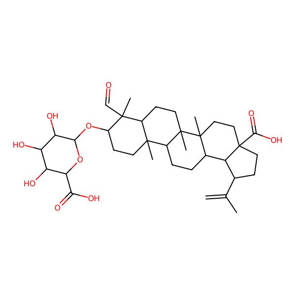 2D Structure of (2S,3S,4S,5R,6R)-6-[[(1R,3aS,5aR,5bR,7aR,8S,9S,11aR,11bR,13aR,13bR)-3a-carboxy-8-formyl-5a,5b,8,11a-tetramethyl-1-prop-1-en-2-yl-1,2,3,4,5,6,7,7a,9,10,11,11b,12,13,13a,13b-hexadecahydrocyclopenta[a]chrysen-9-yl]oxy]-3,4,5-trihydroxyoxane-2-carboxylic acid