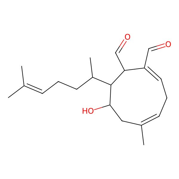 2D Structure of (1S,2E,5E,8R,9S)-9-[(1R)-1,5-dimethylhex-4-enyl]-8-hydroxy-6-methyl-cyclonona-2,5-diene-1,2-dicarbaldehyde