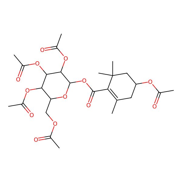 2D Structure of [(2S,3R,4S,5R,6R)-3,4,5-triacetyloxy-6-(acetyloxymethyl)oxan-2-yl] (4R)-4-acetyloxy-2,6,6-trimethylcyclohexene-1-carboxylate