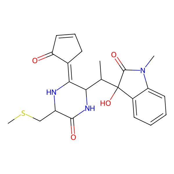 2D Structure of 3-hydroxy-1-methyl-3-[(1R)-1-[5-(methylsulfanylmethyl)-6-oxo-3-(2-oxocyclopent-3-en-1-ylidene)piperazin-2-yl]ethyl]indol-2-one