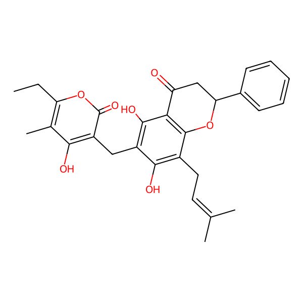 2D Structure of (2R)-6-[(6-ethyl-4-hydroxy-5-methyl-2-oxopyran-3-yl)methyl]-5,7-dihydroxy-8-(3-methylbut-2-enyl)-2-phenyl-2,3-dihydrochromen-4-one