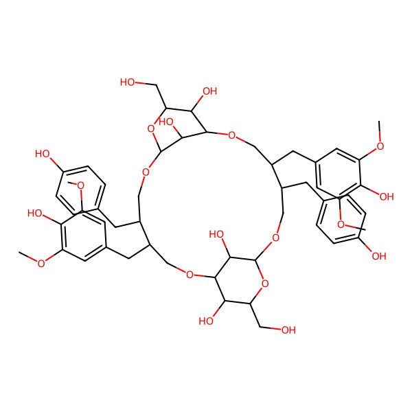 2D Structure of (1S,4R,5S,8R,10R,11S,12S,15S,16S,19R,21R,22S,23R,24R)-4,15-bis[(4-hydroxy-3,5-dimethoxyphenyl)methyl]-10,21-bis(hydroxymethyl)-5,16-bis[(4-hydroxyphenyl)methyl]-2,7,9,13,18,20-hexaoxatricyclo[17.3.1.18,12]tetracosane-11,22,23,24-tetrol