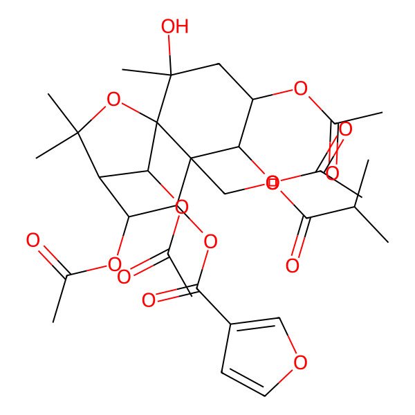 2D Structure of [(1S,2S,4S,5R,6S,7R,8R,9R,12R)-4,5,8,12-tetraacetyloxy-2-hydroxy-2,10,10-trimethyl-6-(2-methylpropanoyloxymethyl)-11-oxatricyclo[7.2.1.01,6]dodecan-7-yl] furan-3-carboxylate