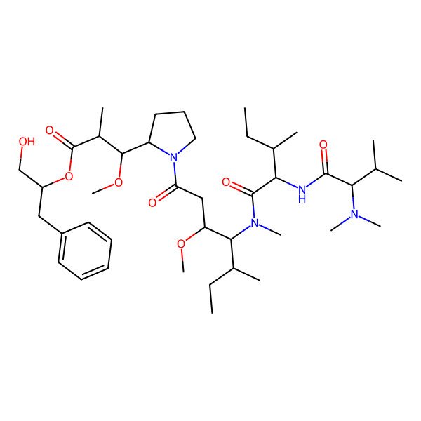 2D Structure of (1-Hydroxy-3-phenylpropan-2-yl) 3-[1-[4-[[2-[[2-(dimethylamino)-3-methylbutanoyl]amino]-3-methylpentanoyl]-methylamino]-3-methoxy-5-methylheptanoyl]pyrrolidin-2-yl]-3-methoxy-2-methylpropanoate