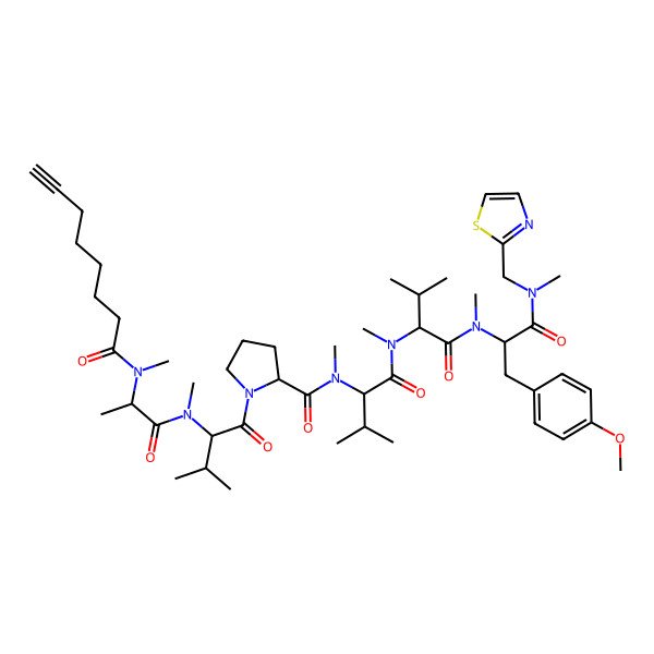 2D Structure of N-[1-[[1-[[3-(4-methoxyphenyl)-1-[methyl(1,3-thiazol-2-ylmethyl)amino]-1-oxopropan-2-yl]-methylamino]-3-methyl-1-oxobutan-2-yl]-methylamino]-3-methyl-1-oxobutan-2-yl]-N-methyl-1-[3-methyl-2-[methyl-[2-[methyl(oct-7-ynoyl)amino]propanoyl]amino]butanoyl]pyrrolidine-2-carboxamide