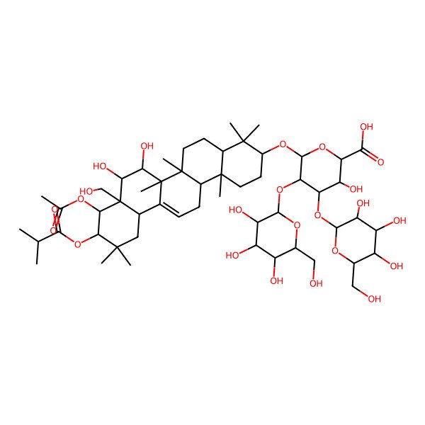 2D Structure of 6-[[9-Acetyloxy-7,8-dihydroxy-8a-(hydroxymethyl)-4,4,6a,6b,11,11,14b-heptamethyl-10-(2-methylpropanoyloxy)-1,2,3,4a,5,6,7,8,9,10,12,12a,14,14a-tetradecahydropicen-3-yl]oxy]-3-hydroxy-4,5-bis[[3,4,5-trihydroxy-6-(hydroxymethyl)oxan-2-yl]oxy]oxane-2-carboxylic acid