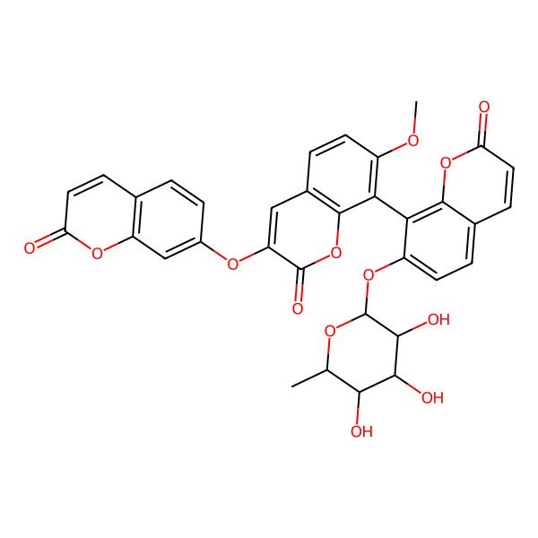2D Structure of 7-methoxy-3-(2-oxochromen-7-yl)oxy-8-[2-oxo-7-[(2R,3R,4S,5R,6R)-3,4,5-trihydroxy-6-methyloxan-2-yl]oxychromen-8-yl]chromen-2-one