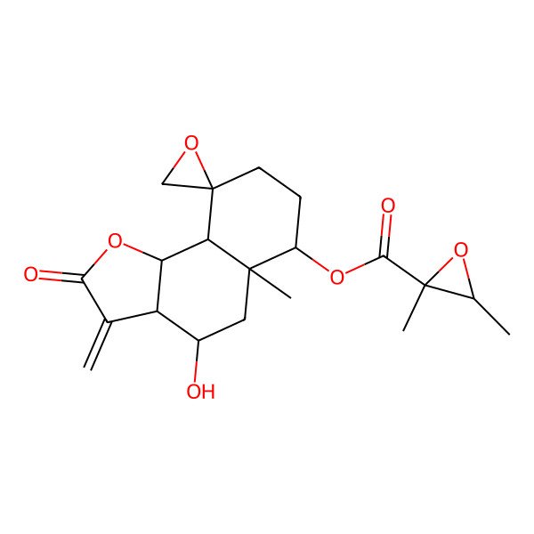 2D Structure of [(3aR,4S,5aR,6S,9S,9aS,9bS)-4-hydroxy-5a-methyl-3-methylidene-2-oxospiro[3a,4,5,6,7,8,9a,9b-octahydrobenzo[g][1]benzofuran-9,2'-oxirane]-6-yl] (2R,3R)-2,3-dimethyloxirane-2-carboxylate