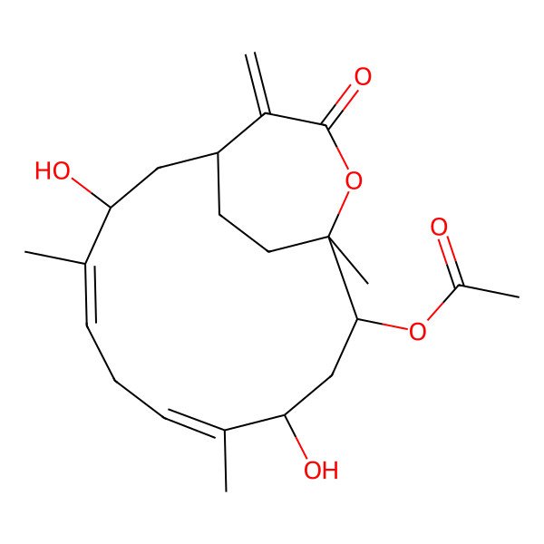 2D Structure of [(1S,3R,4E,7E,9R,11R,12S)-3,9-dihydroxy-4,8,12-trimethyl-15-methylidene-14-oxo-13-oxabicyclo[10.3.2]heptadeca-4,7-dien-11-yl] acetate