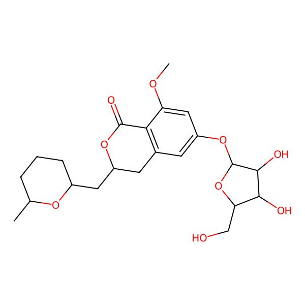 2D Structure of 6-[3,4-Dihydroxy-5-(hydroxymethyl)oxolan-2-yl]oxy-8-methoxy-3-[(6-methyloxan-2-yl)methyl]-3,4-dihydroisochromen-1-one