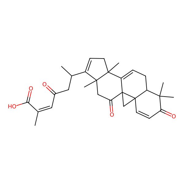 2D Structure of (E,6R)-2-methyl-4-oxo-6-[(1S,3S,8R,12R,16R)-7,7,12,16-tetramethyl-6,18-dioxo-15-pentacyclo[9.7.0.01,3.03,8.012,16]octadeca-4,10,14-trienyl]hept-2-enoic acid