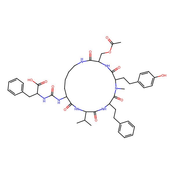 2D Structure of 2-[[3-(Acetyloxymethyl)-6-[2-(4-hydroxyphenyl)ethyl]-7-methyl-2,5,8,11,14-pentaoxo-9-(2-phenylethyl)-12-propan-2-yl-1,4,7,10,13-pentazacyclononadec-15-yl]carbamoylamino]-3-phenylpropanoic acid