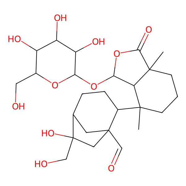 2D Structure of (1R,2S,5R,6R)-2-[(3S,3aS,4S,7aR)-4,7a-dimethyl-1-oxo-3-[(2S,3R,4S,5S,6R)-3,4,5-trihydroxy-6-(hydroxymethyl)oxan-2-yl]oxy-3a,5,6,7-tetrahydro-3H-2-benzofuran-4-yl]-6-hydroxy-6-(hydroxymethyl)bicyclo[3.2.1]octane-1-carbaldehyde