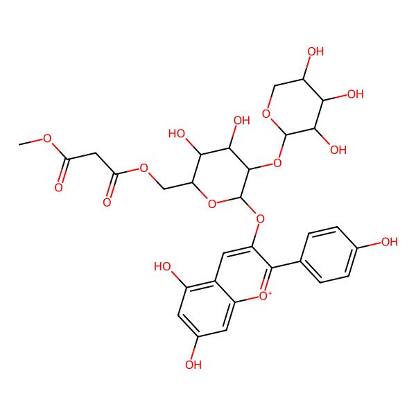 2D Structure of 3-O-[[(2S,3R,4S,5S,6S)-6-[5,7-dihydroxy-2-(4-hydroxyphenyl)chromenylium-3-yl]oxy-3,4-dihydroxy-5-[(2R,3R,4R,5S)-3,4,5-trihydroxyoxan-2-yl]oxyoxan-2-yl]methyl] 1-O-methyl propanedioate