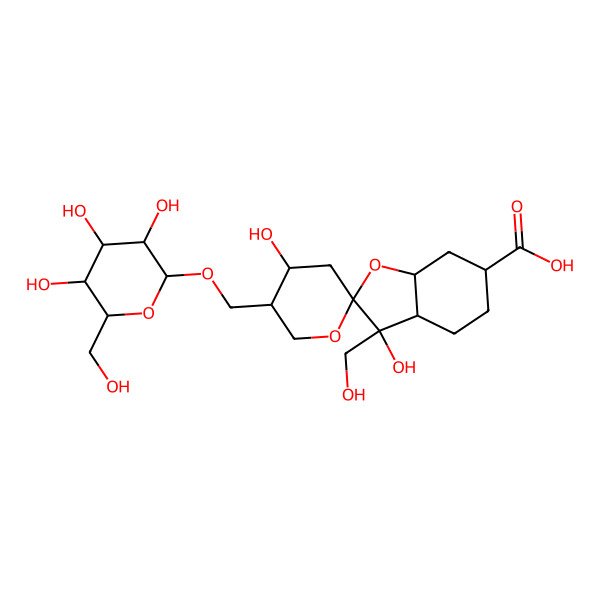 2D Structure of 3,4'-Dihydroxy-3-(hydroxymethyl)-5'-[[3,4,5-trihydroxy-6-(hydroxymethyl)oxan-2-yl]oxymethyl]spiro[3a,4,5,6,7,7a-hexahydro-1-benzofuran-2,2'-oxane]-6-carboxylic acid