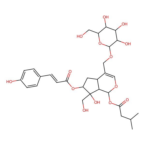 2D Structure of [7-hydroxy-7-(hydroxymethyl)-6-[3-(4-hydroxyphenyl)prop-2-enoyloxy]-4-[[3,4,5-trihydroxy-6-(hydroxymethyl)oxan-2-yl]oxymethyl]-4a,5,6,7a-tetrahydro-1H-cyclopenta[c]pyran-1-yl] 3-methylbutanoate