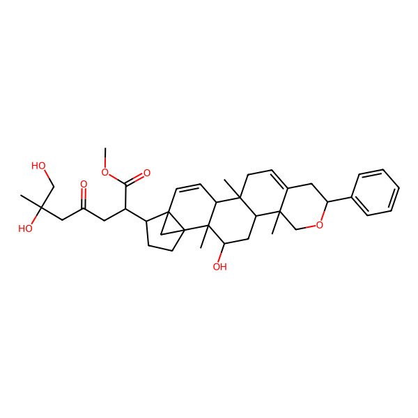 2D Structure of methyl 6,7-dihydroxy-2-[(1S,2R,3R,5R,6R,9S,14S,15R,18S)-3-hydroxy-2,6,14-trimethyl-9-phenyl-8-oxahexacyclo[16.3.1.01,18.02,15.05,14.06,11]docosa-11,16-dien-19-yl]-6-methyl-4-oxoheptanoate