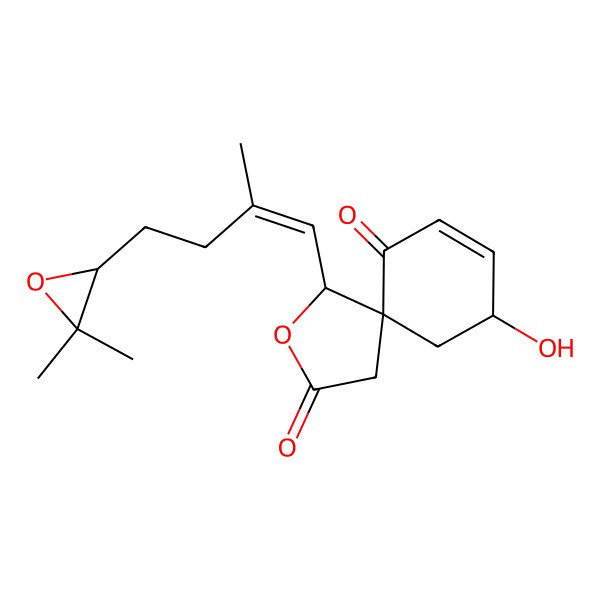 2D Structure of (1R,5R,9S)-1-[4-[(2R)-3,3-dimethyloxiran-2-yl]-2-methylbut-1-enyl]-9-hydroxy-2-oxaspiro[4.5]dec-7-ene-3,6-dione