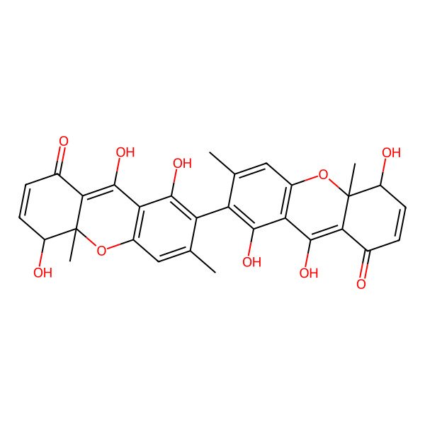 2D Structure of 4,8,9-trihydroxy-4a,6-dimethyl-7-(1,5,9-trihydroxy-3,10a-dimethyl-8-oxo-5H-xanthen-2-yl)-4H-xanthen-1-one
