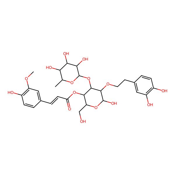 2D Structure of [(2R,3R,4S,5R,6R)-5-[2-(3,4-dihydroxyphenyl)ethoxy]-6-hydroxy-2-(hydroxymethyl)-4-[(2R,3R,4R,5R,6S)-3,4,5-trihydroxy-6-methyloxan-2-yl]oxyoxan-3-yl] (E)-3-(4-hydroxy-3-methoxyphenyl)prop-2-enoate