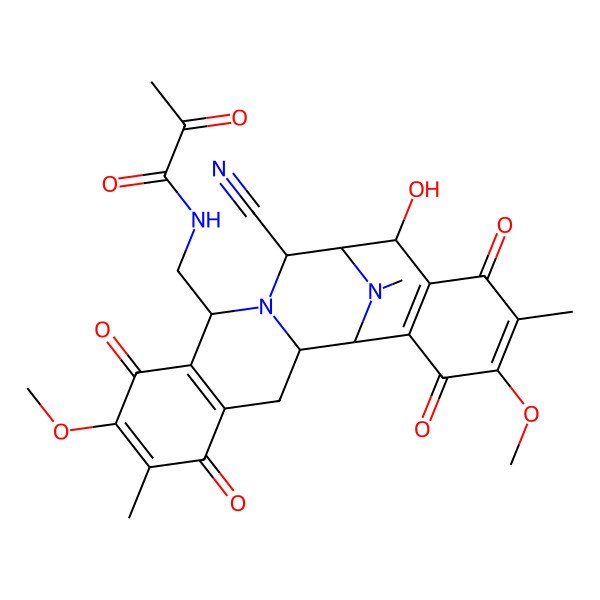 2D Structure of N-[[(1R,2S,10R,12R,13R,14S)-12-cyano-14-hydroxy-7,18-dimethoxy-6,17,21-trimethyl-5,8,16,19-tetraoxo-11,21-diazapentacyclo[11.7.1.02,11.04,9.015,20]henicosa-4(9),6,15(20),17-tetraen-10-yl]methyl]-2-oxopropanamide