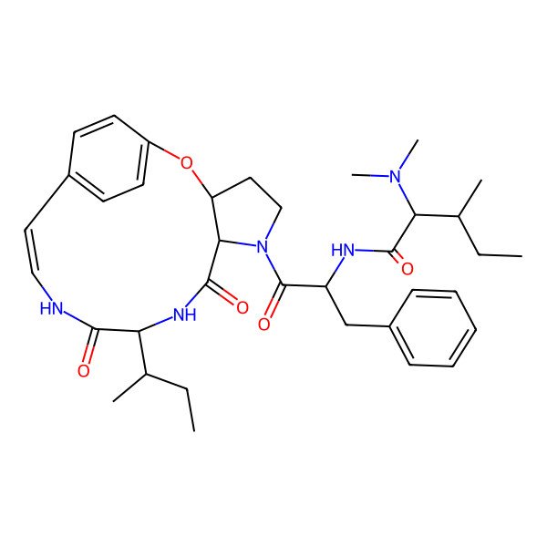 2D Structure of N-[1-(10-butan-2-yl-8,11-dioxo-2-oxa-6,9,12-triazatricyclo[13.2.2.03,7]nonadeca-1(17),13,15,18-tetraen-6-yl)-1-oxo-3-phenylpropan-2-yl]-2-(dimethylamino)-3-methylpentanamide