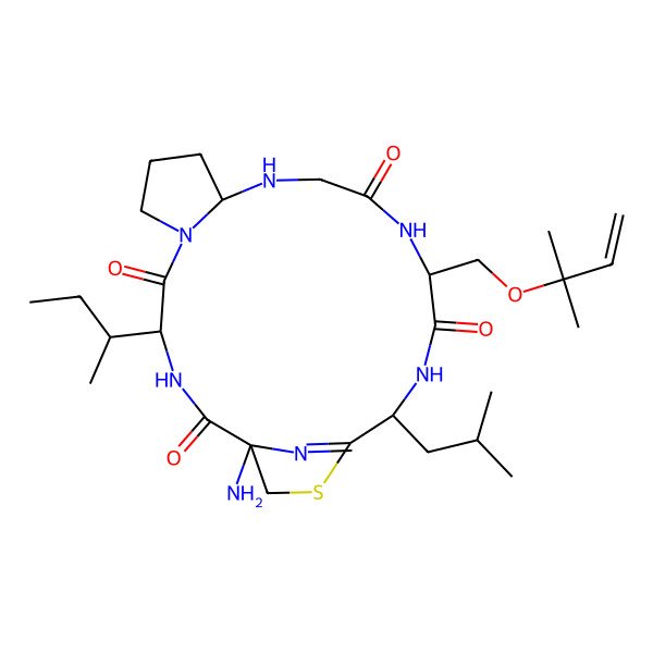 2D Structure of (1S,4S,10S,15S,18S)-1-amino-4-[(2S)-butan-2-yl]-15-(2-methylbut-3-en-2-yloxymethyl)-18-(2-methylpropyl)-20-thia-3,6,11,14,17,22-hexazatricyclo[17.2.1.06,10]docos-19(22)-ene-2,5,13,16-tetrone