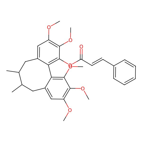 2D Structure of (4,5,14,15,16-Pentamethoxy-9,10-dimethyl-3-tricyclo[10.4.0.02,7]hexadeca-1(16),2,4,6,12,14-hexaenyl) 3-phenylprop-2-enoate