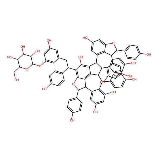 2D Structure of (1S,2R,3R,9S,10S,17S)-3-[(2S,3S)-3-(3,5-dihydroxyphenyl)-6-hydroxy-2-(4-hydroxyphenyl)-2,3-dihydro-1-benzofuran-4-yl]-2,9,17-tris(4-hydroxyphenyl)-6-[(1S)-1-(4-hydroxyphenyl)-2-[3-hydroxy-5-[(2S,3R,4S,5S,6R)-3,4,5-trihydroxy-6-(hydroxymethyl)oxan-2-yl]oxyphenyl]ethyl]-8-oxapentacyclo[8.7.2.04,18.07,19.011,16]nonadeca-4(18),5,7(19),11(16),12,14-hexaene-5,13,15-triol