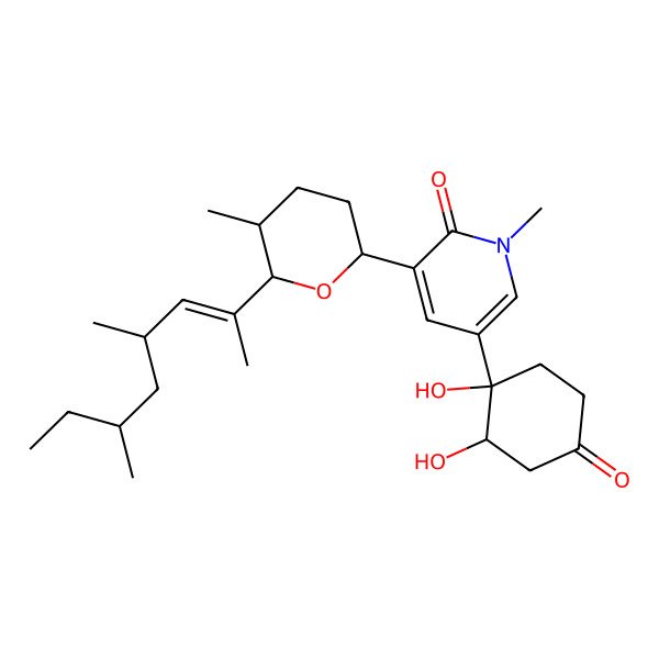 2D Structure of 5-(1,2-dihydroxy-4-oxo-cyclohexyl)-1-methyl-3-[5-methyl-6-[(E)-1,3,5-trimethylhept-1-enyl]tetrahydropyran-2-yl]pyridin-2-one