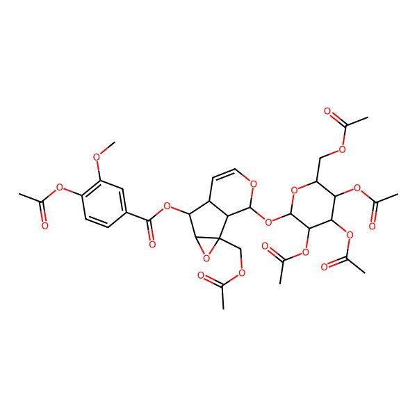 2D Structure of [2-(Acetyloxymethyl)-10-[3,4,5-triacetyloxy-6-(acetyloxymethyl)oxan-2-yl]oxy-3,9-dioxatricyclo[4.4.0.02,4]dec-7-en-5-yl] 4-acetyloxy-3-methoxybenzoate