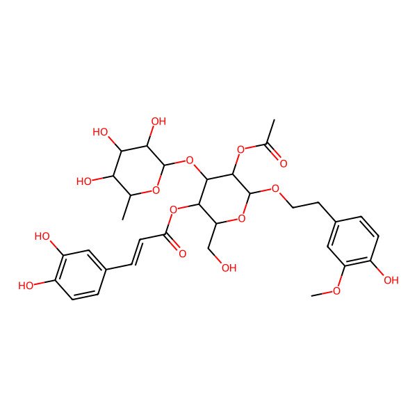 2D Structure of [5-Acetyloxy-6-[2-(4-hydroxy-3-methoxyphenyl)ethoxy]-2-(hydroxymethyl)-4-(3,4,5-trihydroxy-6-methyloxan-2-yl)oxyoxan-3-yl] 3-(3,4-dihydroxyphenyl)prop-2-enoate