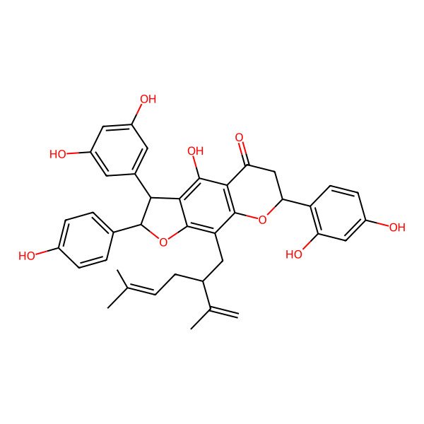 2D Structure of (2R,3S,7S)-7-(2,4-dihydroxyphenyl)-3-(3,5-dihydroxyphenyl)-4-hydroxy-2-(4-hydroxyphenyl)-9-[(2S)-5-methyl-2-prop-1-en-2-ylhex-4-enyl]-2,3,6,7-tetrahydrofuro[3,2-g]chromen-5-one