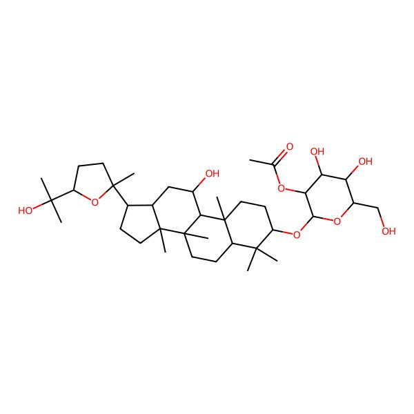 2D Structure of [(2R,3R,4S,5S,6R)-4,5-dihydroxy-2-[[(3S,5S,8R,9R,10S,11R,13R,14R,17S)-11-hydroxy-17-[(2S,5R)-5-(2-hydroxypropan-2-yl)-2-methyloxolan-2-yl]-4,4,8,10,14-pentamethyl-2,3,5,6,7,9,11,12,13,15,16,17-dodecahydro-1H-cyclopenta[a]phenanthren-3-yl]oxy]-6-(hydroxymethyl)oxan-3-yl] acetate