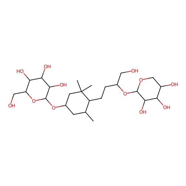 2D Structure of (2R,3S,4S,5R,6R)-2-(hydroxymethyl)-6-[(1S,4S,5R)-4-[(3S)-4-hydroxy-3-[(2R,3S,4S,5S)-3,4,5-trihydroxyoxan-2-yl]oxybutyl]-3,3,5-trimethylcyclohexyl]oxyoxane-3,4,5-triol