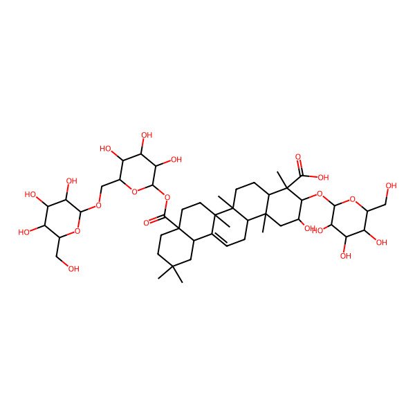 2D Structure of (2S,3S,4R,4aS,6aS,6bS,8aS,12aR,14aS,14bS)-2-hydroxy-4,6a,6b,11,11,14b-hexamethyl-3-[(2S,3S,4R,5R,6S)-3,4,5-trihydroxy-6-(hydroxymethyl)oxan-2-yl]oxy-8a-[(2R,3S,4R,5R,6S)-3,4,5-trihydroxy-6-[[(2S,3S,4R,5R,6S)-3,4,5-trihydroxy-6-(hydroxymethyl)oxan-2-yl]oxymethyl]oxan-2-yl]oxycarbonyl-1,2,3,4a,5,6,7,8,9,10,12,12a,14,14a-tetradecahydropicene-4-carboxylic acid