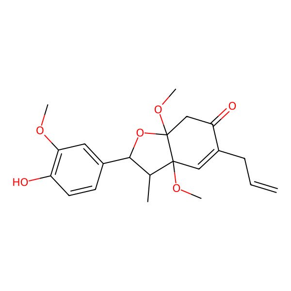 2D Structure of (2S,3R,3aS,7aR)-2-(4-hydroxy-3-methoxyphenyl)-3a,7a-dimethoxy-3-methyl-5-prop-2-enyl-3,7-dihydro-2H-1-benzofuran-6-one