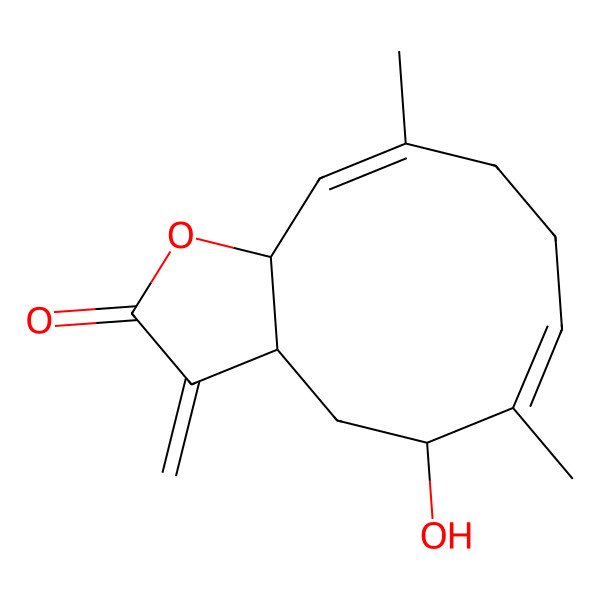 2D Structure of (3aS,6E,10E,11aR)-5-hydroxy-6,10-dimethyl-3-methylidene-3a,4,5,8,9,11a-hexahydrocyclodeca[b]furan-2-one